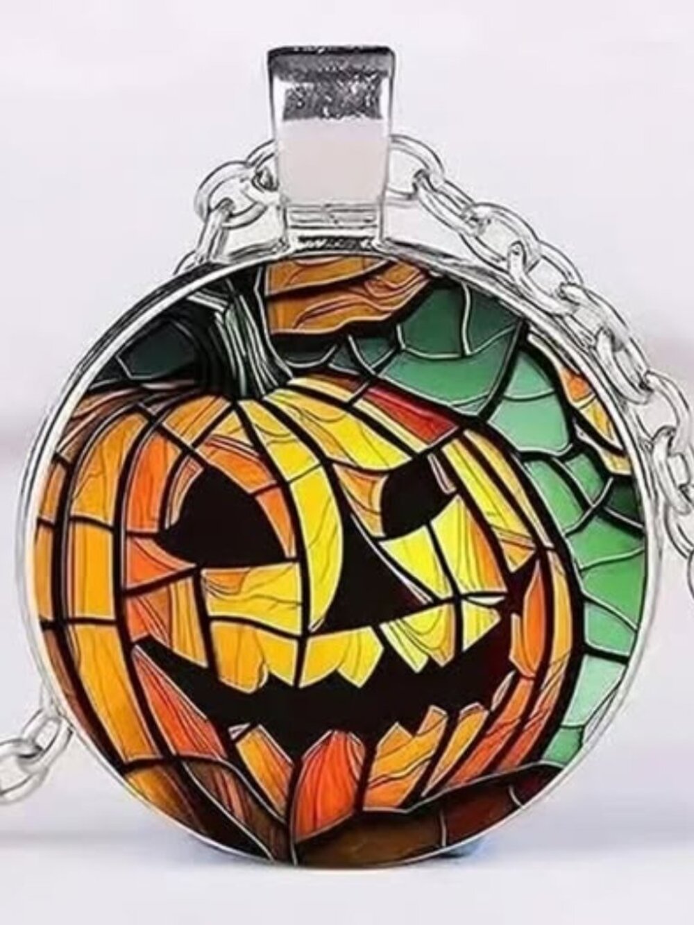 Silver Halloween Glass Cabochon Pendant Necklace